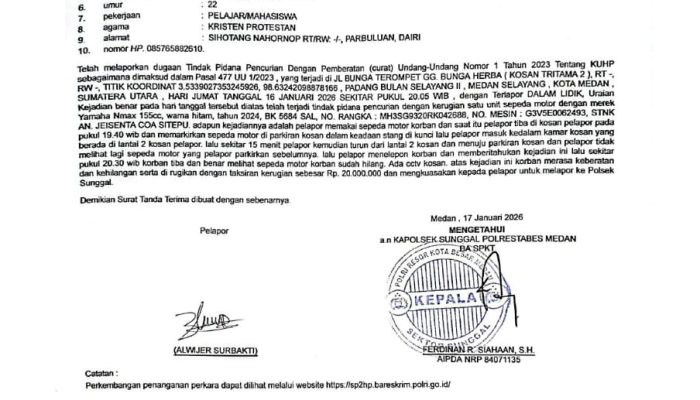 Satu Unit Sepeda Motor Nmax Dicuri Hilang dari Lokasi Parkir Kos-kosan di Medan